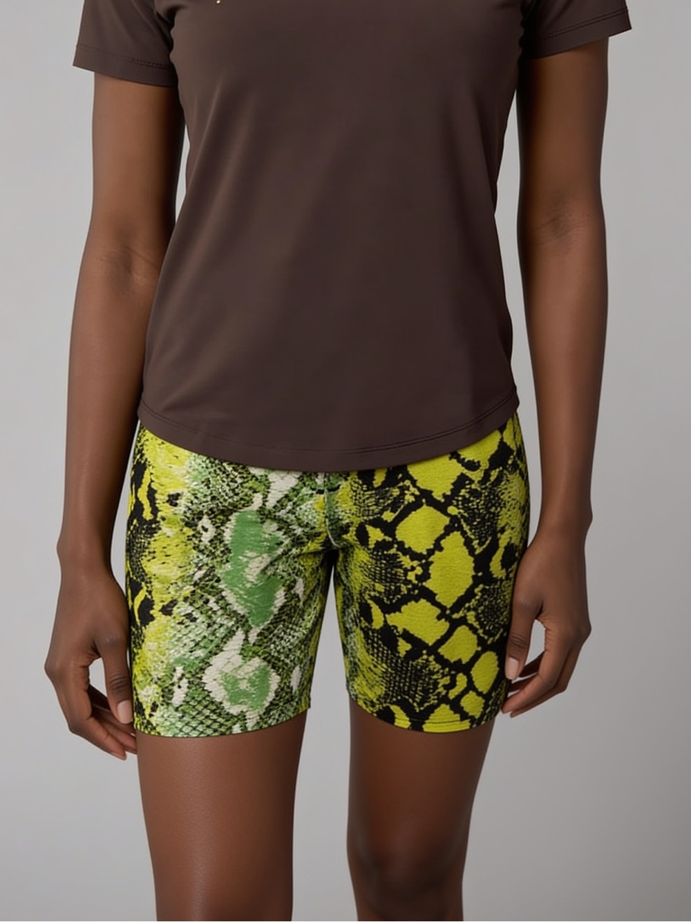 High-Rise Snake Print Bike Shorts in Yellow-Green